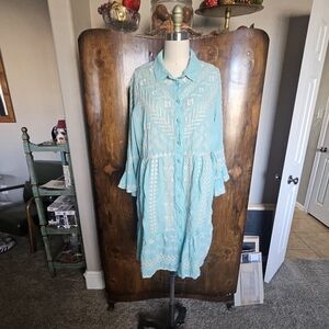 Johnny Was Sky Blue Embroidered Long Sleeve Dress